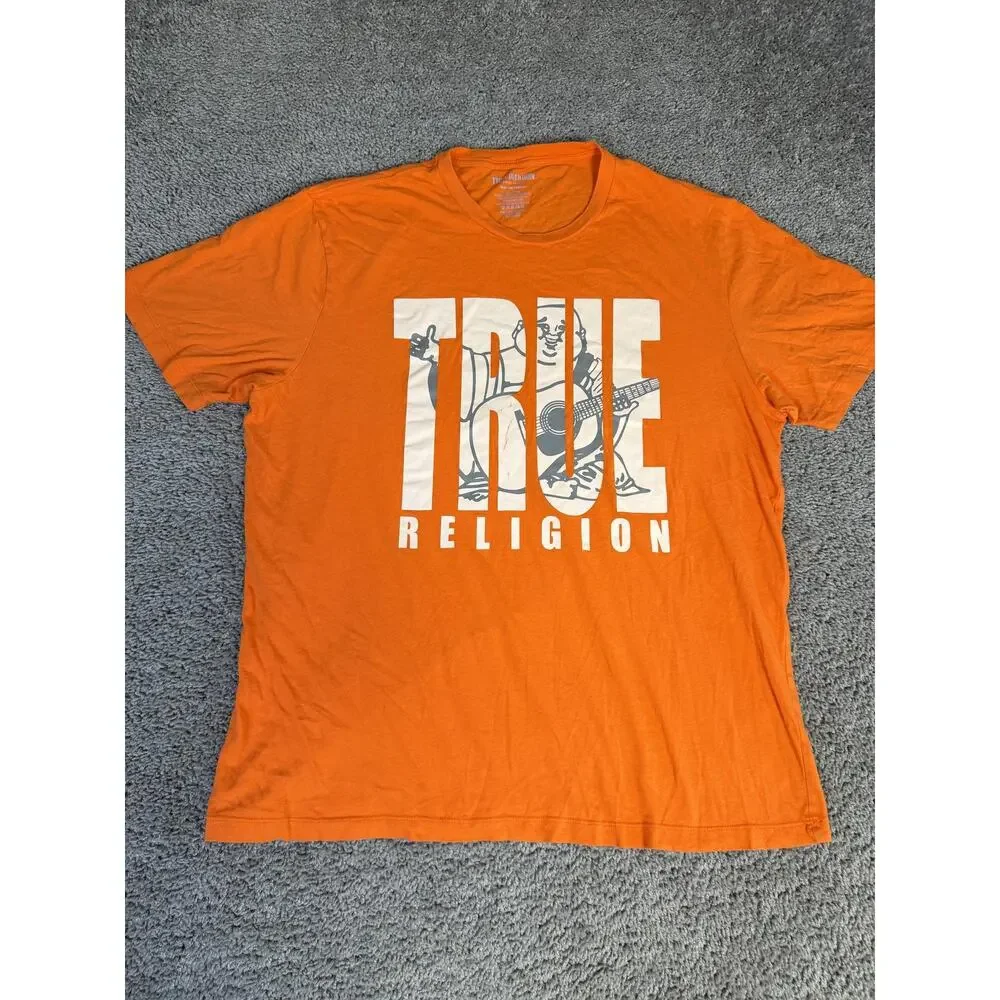 True Religion Shirt Mens 2XL Orange Buddha Guitar Logo Graphic Tagless Cotton